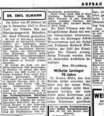 Nachruf auf Dr. Emil Ulmann im New Yorker "Aufbau" 1947 Nr. 51