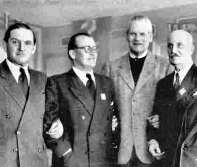 V.l.n.r.: Baron Peter Le Fort, Hanns Kilian, Karl Ritter von Halt und Herzog Adolf Friedrich zu Mecklenburg - 1950 bei der Wintersportwoche in Garmisch-Partenkirchen