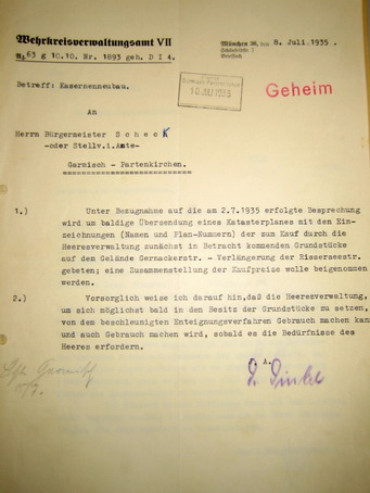 02.07.1935 - Wehrkreisverwaltung München an NS-Bürgermeister Scheck - Enteignungsverfahren