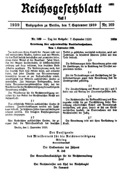 NS-"Verordnung über außerordentliche Rundfunkmaßnahmen" - 1.9.1939